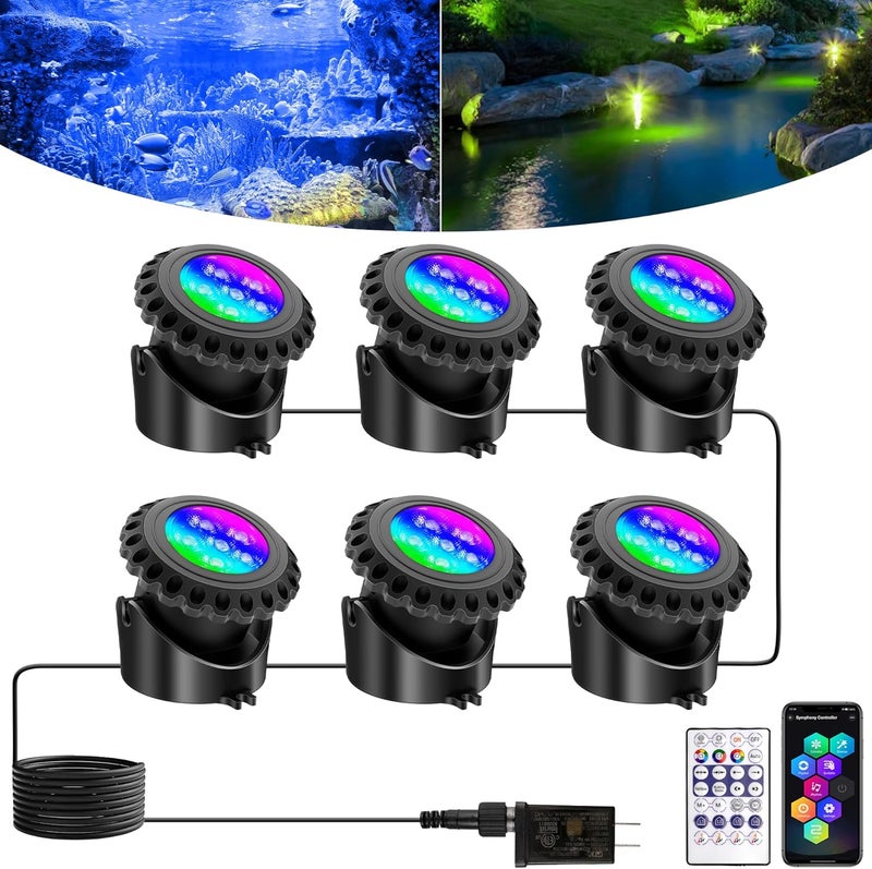 T-SUN LED Pond Lights Underwater, Color Changing Submersible Fountain Lights with APP Control, Waterproof Spotlight with 16 Million Colors, Timing, Music Sync (RGB, 6-Head) - Image 1